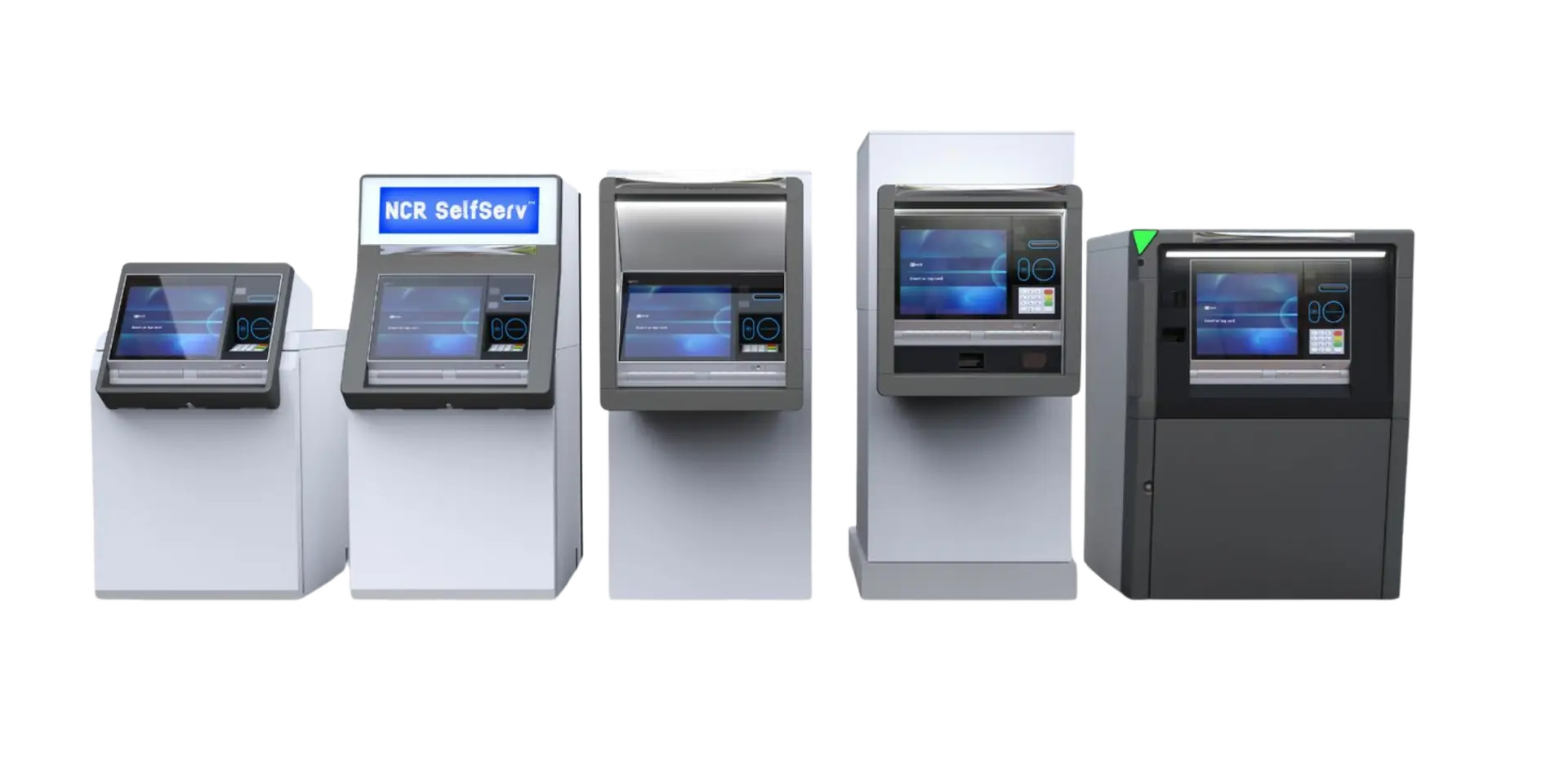 An image of 5 of the latest NCR ATM and ITM models, no background