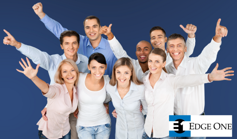 group shot of excited new hires on a blue background