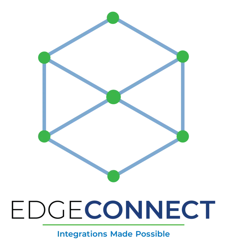 The image is the logo for EDGE CONNECT, made of lines that make up a cube, with green dots at the verticies