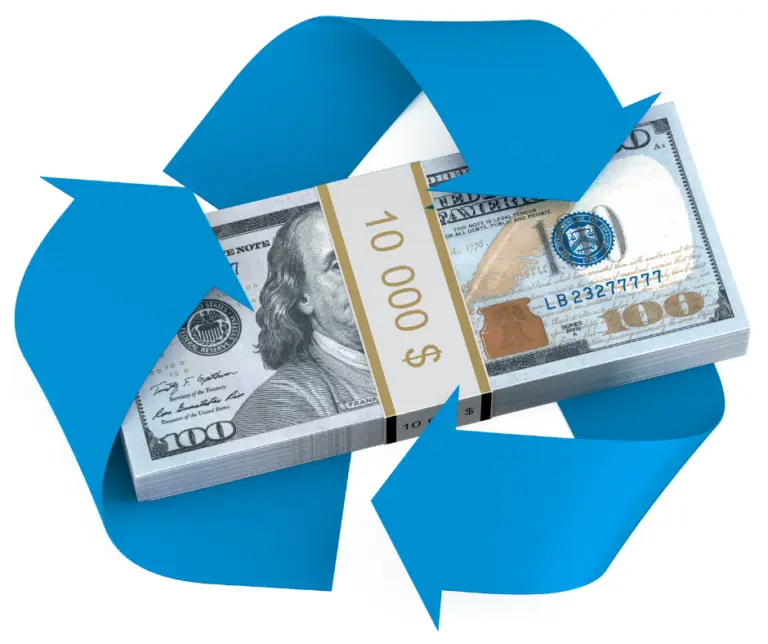 graphic of a bundle of $100 bills inside a blue recycling symbol
