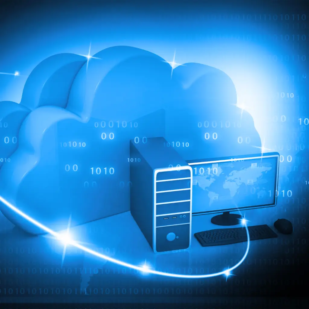 digital art of a cloud and a desktop computer representing cloud computing